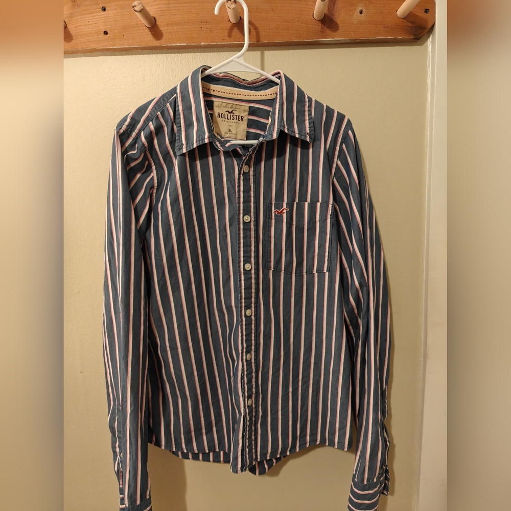 Hollister Men's XL Vintage Y2K Navy Pink Striped Button Down Shirt